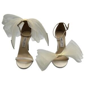 Jimmy Choo Aveline 100 Bow Ankle Strap Leather Heels Sandals Latte White 39/9